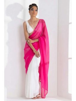 Swtantra - White and Neon Pink Saree with Unstitched Blouse