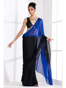 Swtantra - Black and Blue Georgette Triangle Saree with Unstitched Blouse