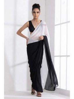 Swtantra - Black and White Georgette Triangle Saree with Unstitched Blouse