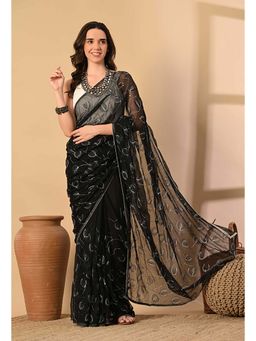 THE WEAVERS SHOP BY RAAVI - Pure Chiffon Tulip Jaal Black Saree with Unstitched Blouse