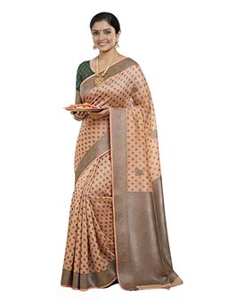 THE WEAVERS SHOP BY RAAVI - Women Peach & Bronze-Toned Zari Banarasi Saree with Unstitched Blouse