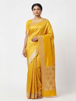 THE WEAVERS SHOP BY RAAVI - Yellow & Gold-Toned Silk Blend Woven Banarasi Saree with Unstitched Blouse