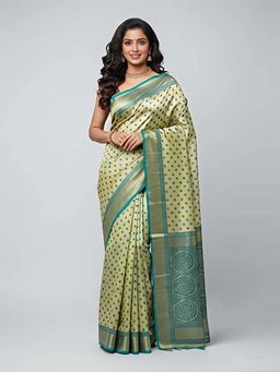 THE WEAVERS SHOP BY RAAVI - Women Blue Woven Kanjeevaram Saree with Unstitched Blouse