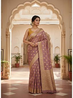 THE WEAVERS SHOP BY RAAVI - Mauve & Antique Gold Silk Blend Banarasi Saree with Unstitched Blouse
