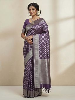 THE WEAVERS SHOP BY RAAVI - Women Purple & Silver-Toned Zari Banarasi Saree with Unstitched Blouse