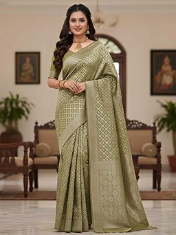 THE WEAVERS SHOP BY RAAVI - Women Olive Green & Gold-Toned Banarasi Saree with Unstitched Blouse