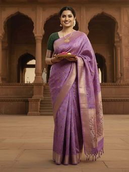 THE WEAVERS SHOP BY RAAVI - Women Lavender & Rose Gold-Toned Kanjeevaram Saree with Unstitched Blouse