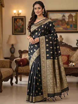 THE WEAVERS SHOP BY RAAVI - Black & Gold-Toned Zari Woven Banarasi Saree with Unstitched Blouse