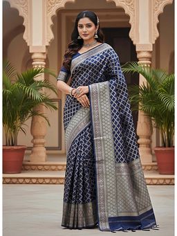 THE WEAVERS SHOP BY RAAVI - Navy Blue & Silver-Toned Zari Banarasi Saree with Unstitched Blouse