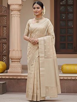 THE WEAVERS SHOP BY RAAVI - Elegant Beige Banarasi Chanderi Saree with Unstitched Blouse