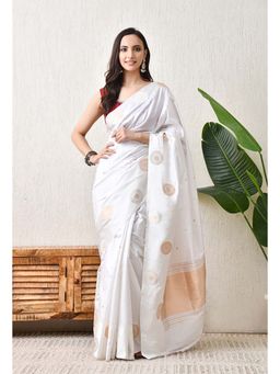 THE WEAVERS SHOP BY RAAVI - White and Gold-Toned Woven Pure Katan Silk Saree with Unstitched Blouse