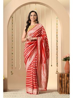 THE WEAVERS SHOP BY RAAVI - Women Red Handloom Khaddi Georgette Banarasi Saree with Unstitched Blouse