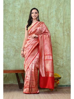 THE WEAVERS SHOP BY RAAVI - Red & Gold-Toned Woven Banarasi Saree with Unstitched Blouse
