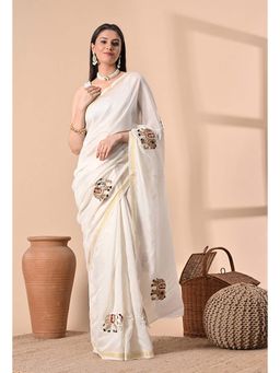 THE WEAVERS SHOP BY RAAVI - Chanderi Cotton Hand Embroidery Work Saree with Unstitched Blouse