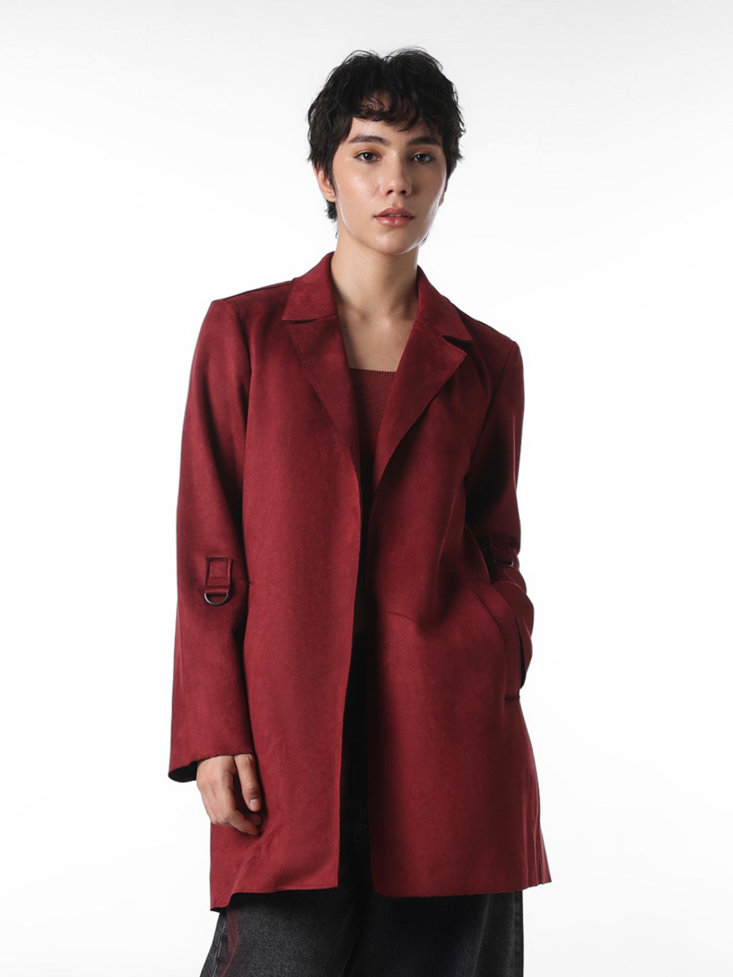 only Women Maroon Solid Regular Fit Winter Coat-picture-41
