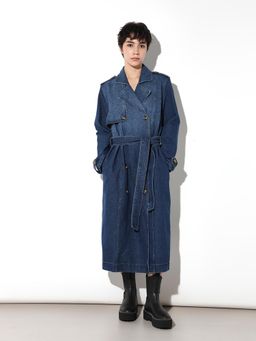 ONLY - Women Blue Solid Regular Fit Over Coat with Belt