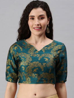 FLAHER - Women Teal Woven Jacquard Stitched Blouse