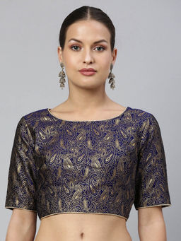 FLAHER - Women Navy Blue Woven Jacquard Stitched Blouse