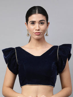 FLAHER - Women Navy Blue Velvet Readymade Padded Stitched Blouse