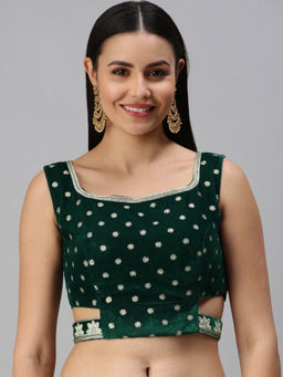 FLAHER - Women Green Embroidered Velvet Readymade Padded Stitched Blouse