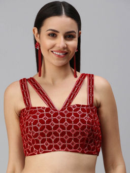 FLAHER - Women Red Embroidered Velvet Readymade Padded Stitched Blouse