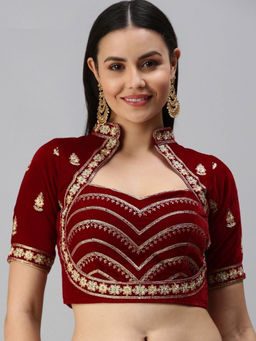 FLAHER - Women Maroon Embroidered Velvet Readymade Padded Stitched Blouse