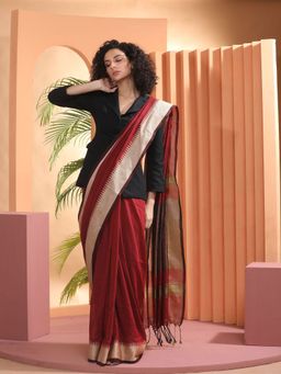 Beatitude - Wine Handspun Cotton Saree with Unstitched Blouse