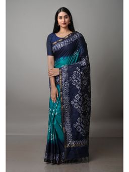 Unnati Silks - Green & Navy Blue Pure Batik Chanderi Silk Saree with Unstitched Blouse