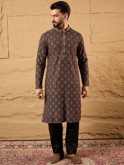 ETHNIC BAY - Mens Brown Viscose Rayon Embroidered Chikankari Straight Kurta with Pyjama
