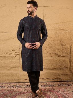 ETHNIC BAY - Mens Black Viscose Rayon Embroidered Chikankari Straight Kurta with Pyjama
