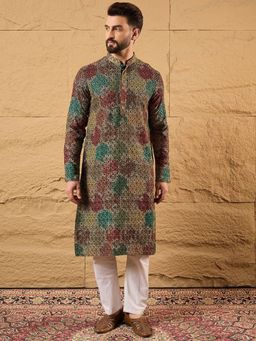 ETHNIC BAY - Mens Multi-Color Viscose Rayon Embroidered Chikankari Straight Kurta with Pyjama