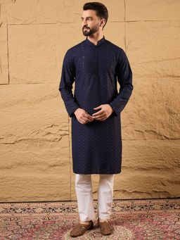 ETHNIC BAY - Men Navy Blue Viscose Rayon Floral Embroidered Straight Kurta with Pyjama
