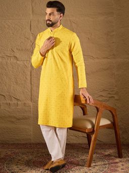 ETHNIC BAY - Men Yellow Viscose Rayon Embroidered Straight Kurta with Pyjama