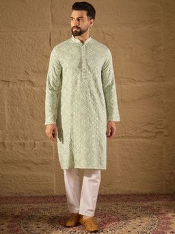 ETHNIC BAY - Men Green Viscose Rayon Embroidered Straight Kurta with Pyjama