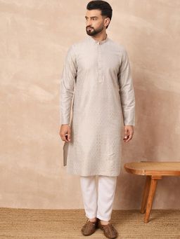 ETHNIC BAY - Men Grey Silk Printed Straight Kurta with Pyjama