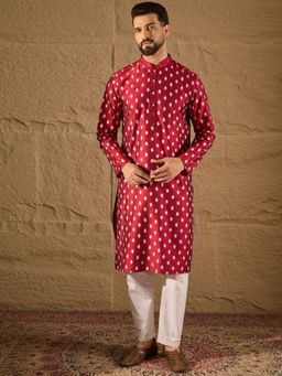 ETHNIC BAY - Men Maroon Silk Ikat Printed Straight Kurta with Pyjama