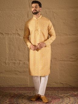 ETHNIC BAY - Men Yellow Silk Blend Ethnic Motif Embroidered Straight Kurta with Pyjama