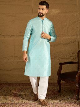ETHNIC BAY - Men Blue Silk Blend Woven Design Straight Kurta with Pyjama