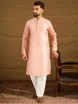 ETHNIC BAY - Men Peach Polyester Woven Straight Kurta with Pyjama