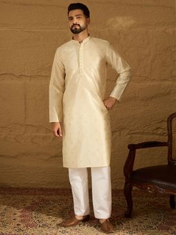 ETHNIC BAY - Men Off White Silk Blend Woven Design Straight Kurta with Pyjama