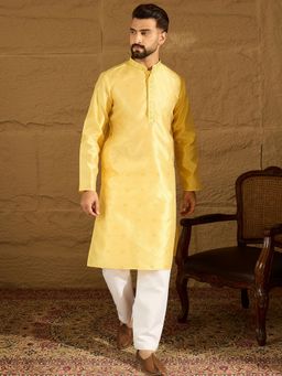 ETHNIC BAY - Men Mustard Polyester Woven Straight Kurta with Pyjama