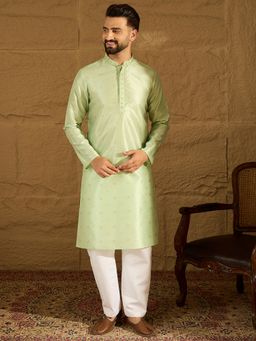 ETHNIC BAY - Men Yellow Silk Blend Woven Design Straight Kurta with Pyjama