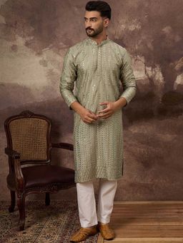 ETHNIC BAY - Men Olive Silk Blend Embroidered Straight Kurta with Pyjama