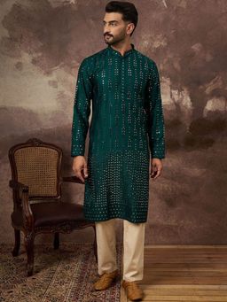 ETHNIC BAY - Men Teal Silk Blend Embroidered Straight Kurta with Pyjama