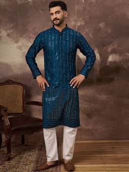 ETHNIC BAY - Men Blue Silk Blend Embroidered Straight Kurta with Pyjama