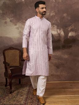 ETHNIC BAY - Men Lavender Silk Blend Embroidered Straight Kurta with Pyjama