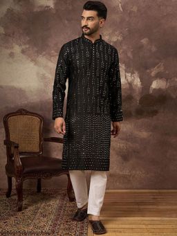 ETHNIC BAY - Men Black Silk Blend Embroidered Straight Kurta with Pyjama