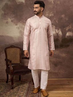 ETHNIC BAY - Men Pink Silk Blend Embroidered Straight Kurta with Pyjama