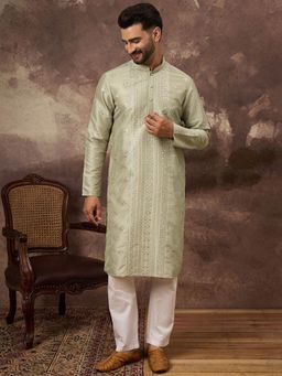 ETHNIC BAY - Men Green Silk Blend Embroidered Straight Kurta with Pyjama
