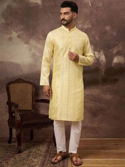 ETHNIC BAY - Men Yellow Silk Blend Embroidered Straight Kurta with Pyjama